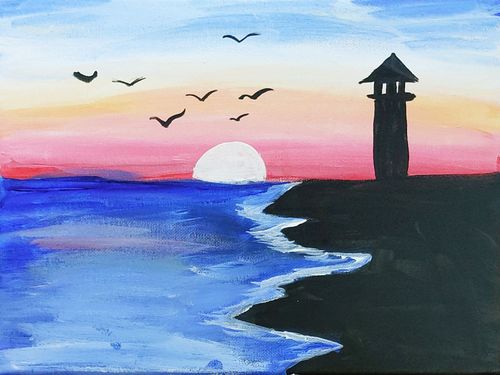 K-1st Grade - Honorable Mention - Sunset and Birds by the Lighthouse